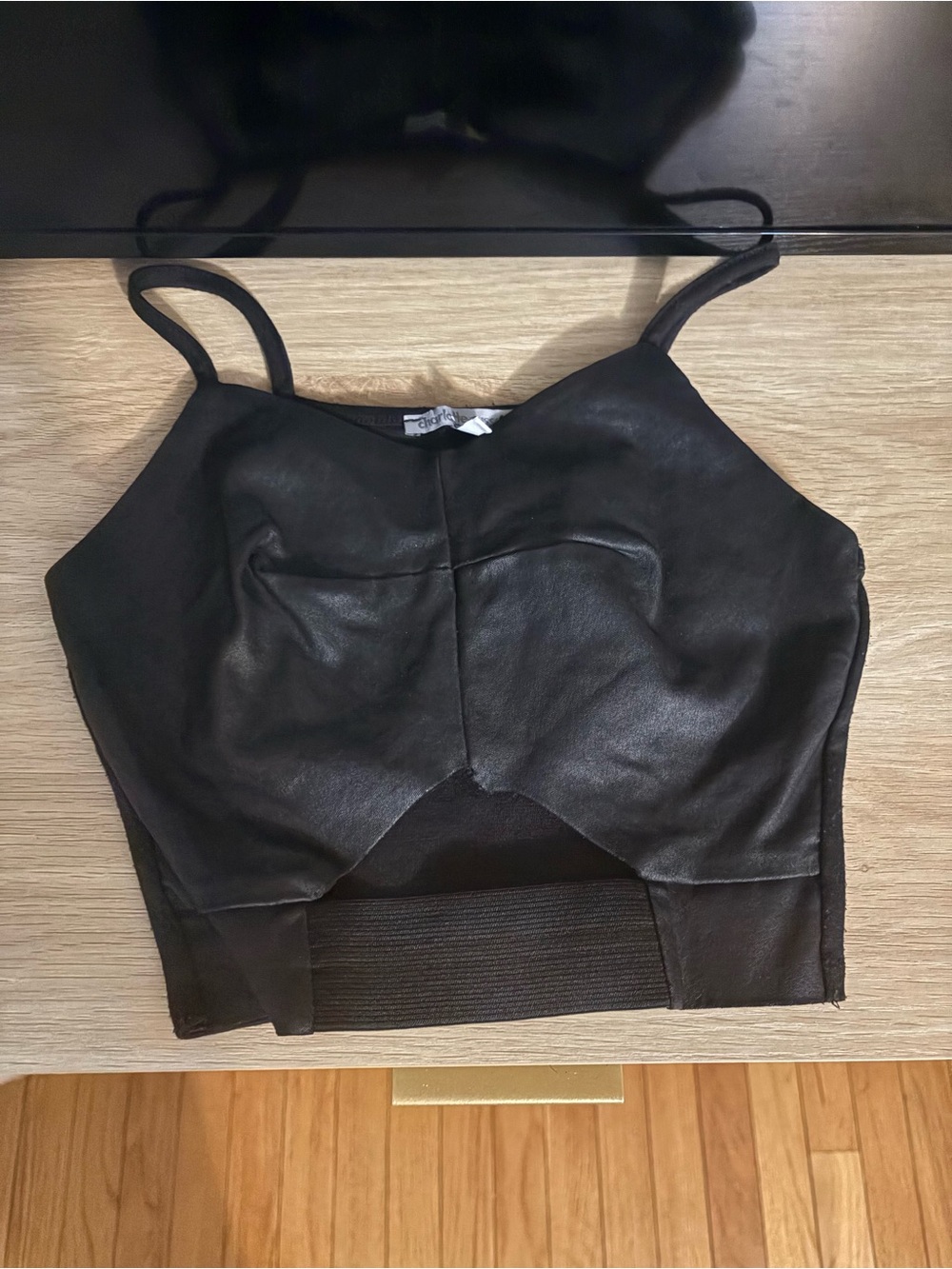 Black Faux Leather Crop Tank Top with Cutout